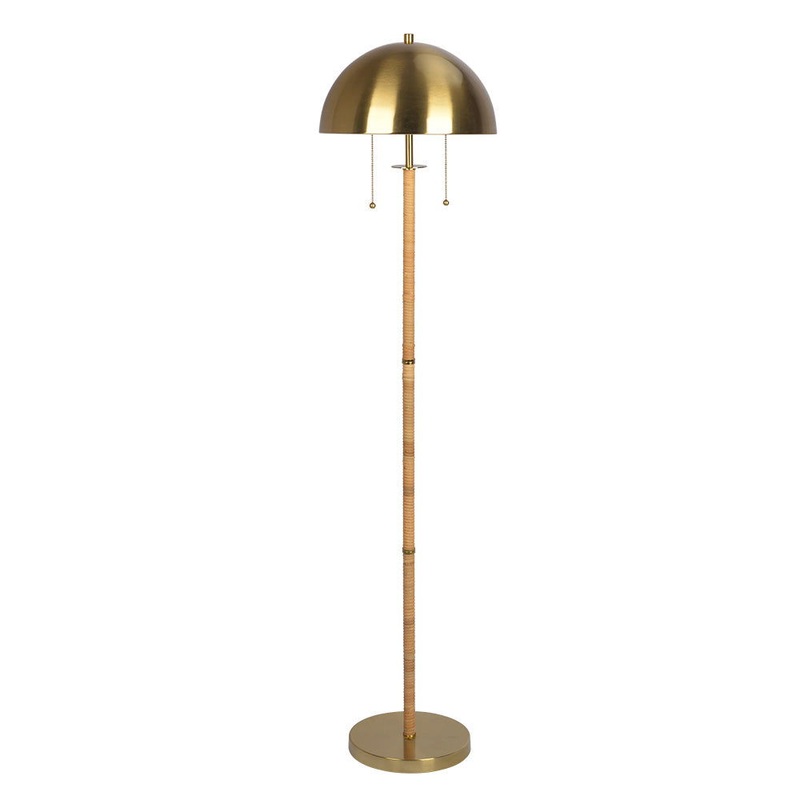Allure – 2 Light Floor Lamp, Gold, Natural Tube, Double On / Off Pull Chain – Gold / Rattan