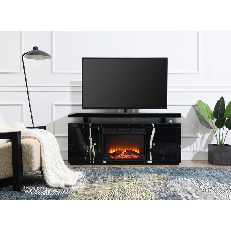 Drisana – Mirrored TV Stand With Fireplace – Black