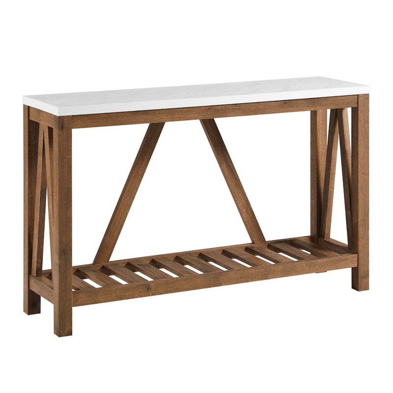 Farmhouse A Frame Faux Marble Entry Table With Lower Shelf – White / Walnut
