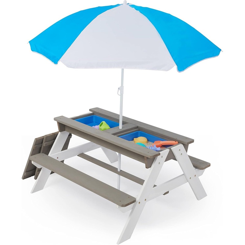 Wooden Kids Picnic Table, Sand And Water Table With Umbrella, Activity Table For Outdoor Backyard Patio Play – White / Gray