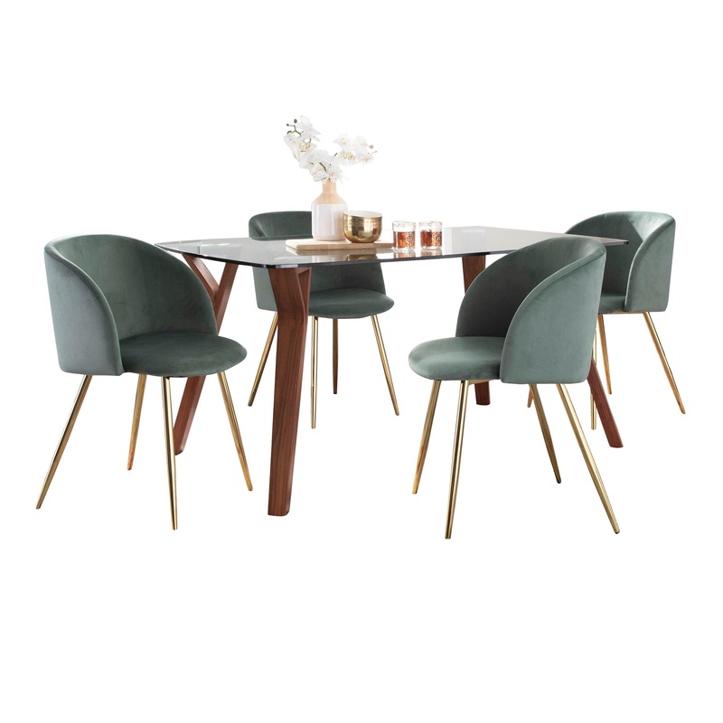 Folia Fran – 5 Piece Mid-Century Modern Dining Set – Walnut / Clear / Gold / Sage Green