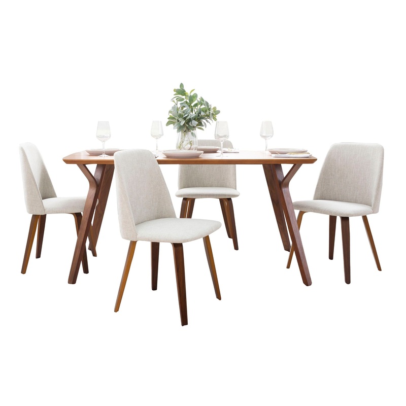 Folia Toriano – 5 Piece Mid-Century Modern Dining Set – Walnut / Beige