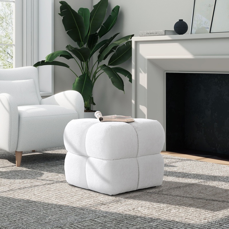 Pixel – Oversized Square Tufted Pouf Ottoman – Almond White