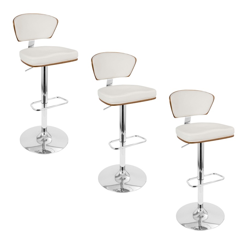 Ravinia – Mid-Century Modern Adjustable Barstool With Swivel With Rounded Rectangle Footrest (Set of 3) – Chrome / Walnut / White