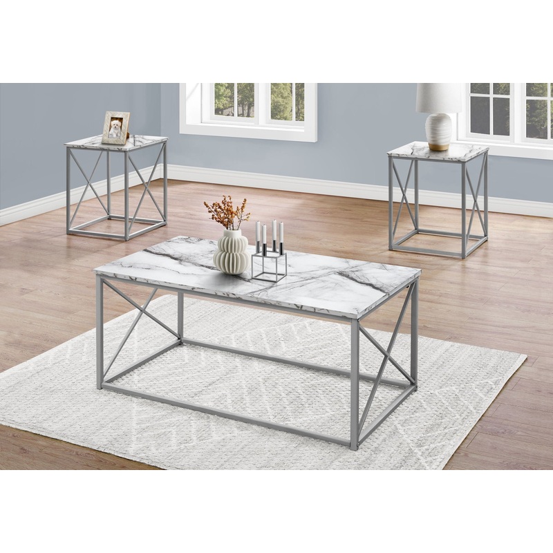 Table Set, Coffee, End, Side, Accent, Living Room, Marble Look Laminate, Contemporary & Modern (Set of 3)
