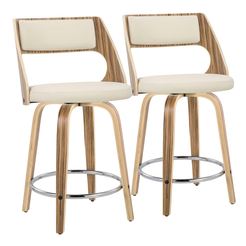 Cecina – Mid-Century Modern Fixed Height Counter Stool With Swivel With Round Footrest (Set of 2) – Zebra / Cream