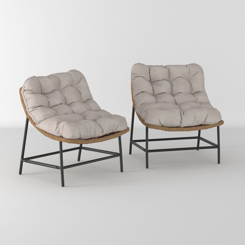Coastal Scooped Outdoor Patio Chairs With Cushions (Set of 2) – Natural