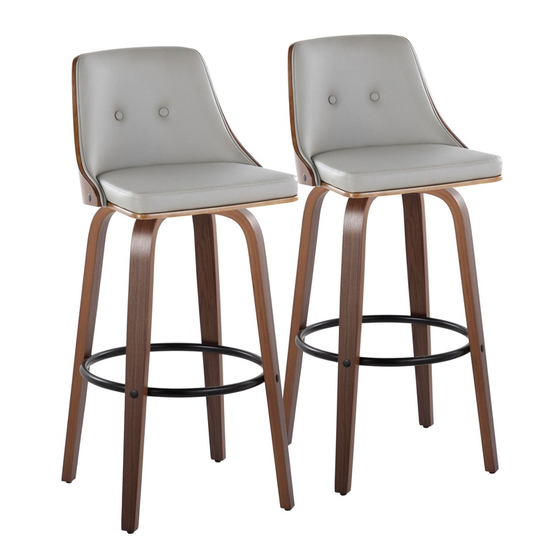 Gianna – Mid-Century Modern Fixed Height Barstool & Swivel With Round Footrest (Set of 2) – Walnut / Light Gray
