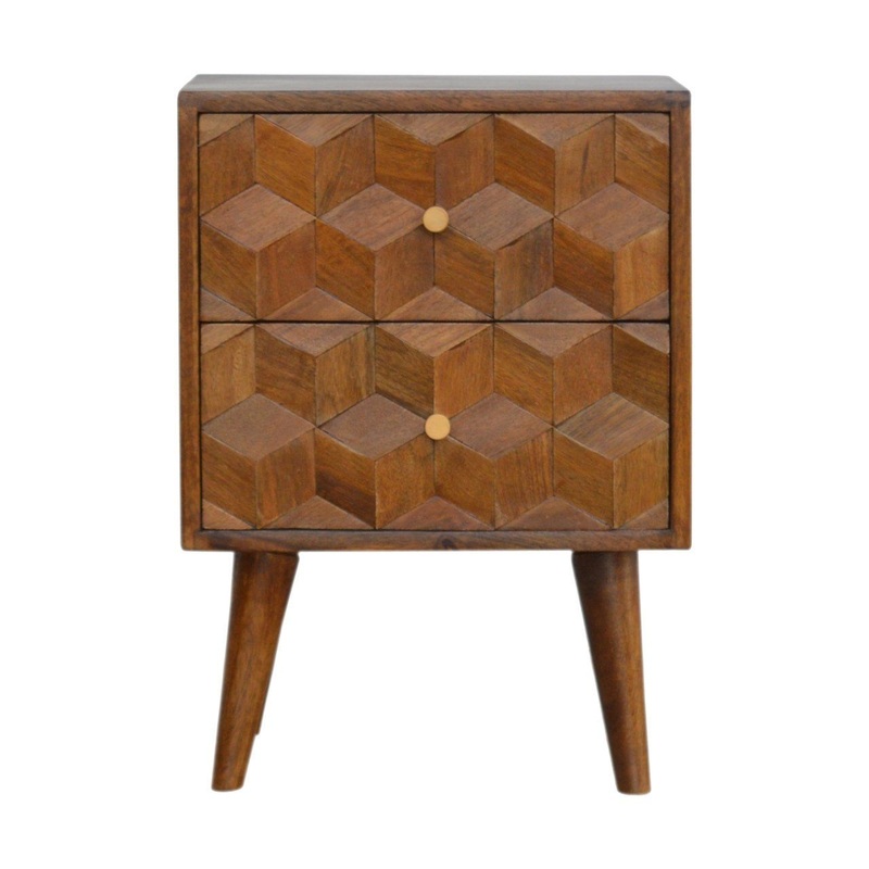 Cube Carved Bedside Table Nightstand – Chestnut