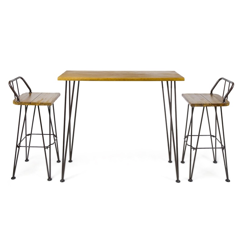 Dione Outdoor Industrial Acacia Wood Bar Set With Metal Frame And Slat Paneling – Brown