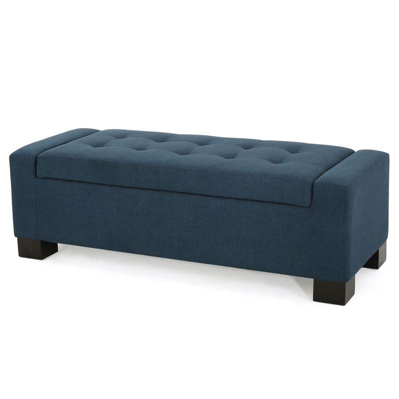 Empower – Button Tufted Waffle Upholstered Storage Ottoman With Wood Legs – Navy Blue
