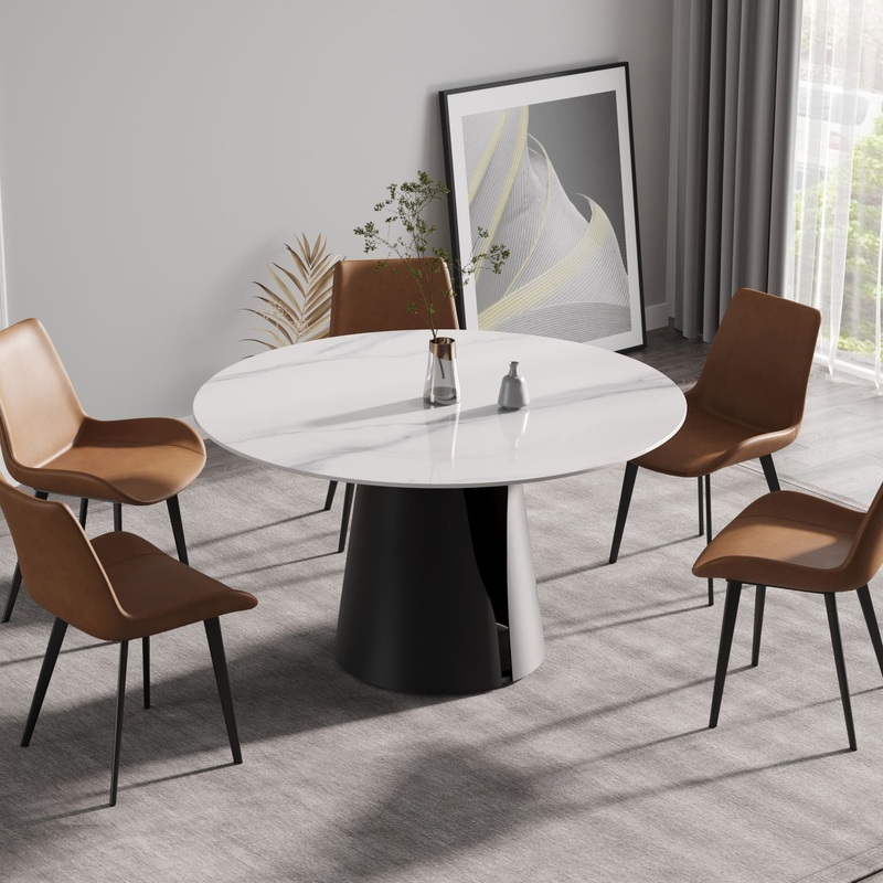 53.15 Modern Artificial Stone Round Carbon Steel Base Dining Table, Can Accommodate 6 People – White / Black