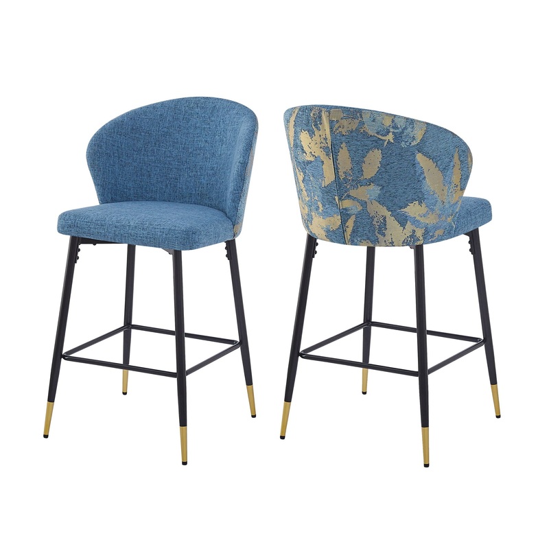 Counter Height Bar Stools (Set of 2), Jacquard Upholstered, Metal Footrest