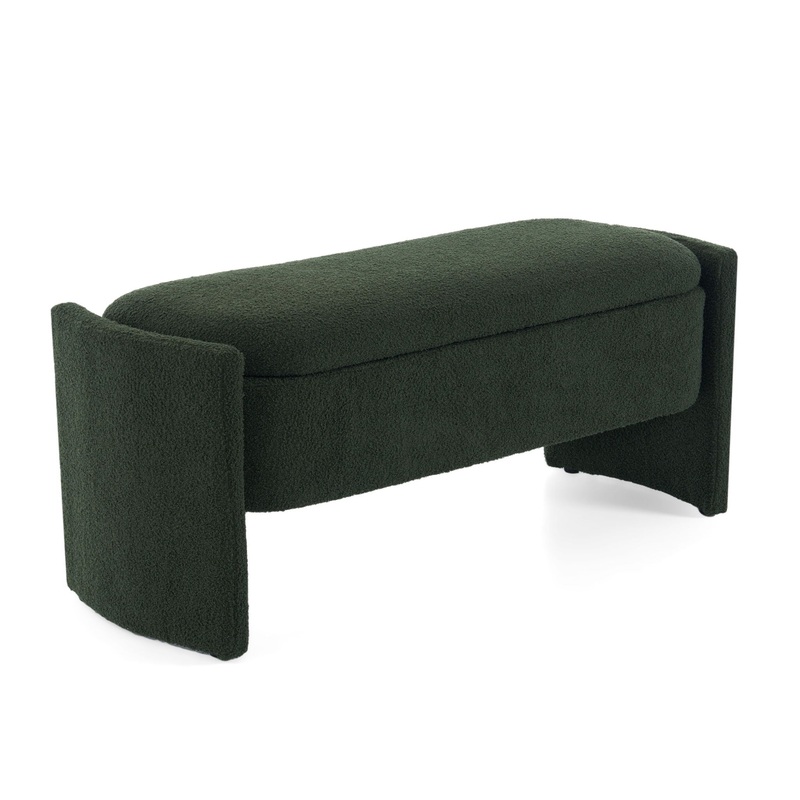 Elegant Long Shaped Storage Ottoman Bench, Boucle Material, Simple And Grand Design – Dark Green
