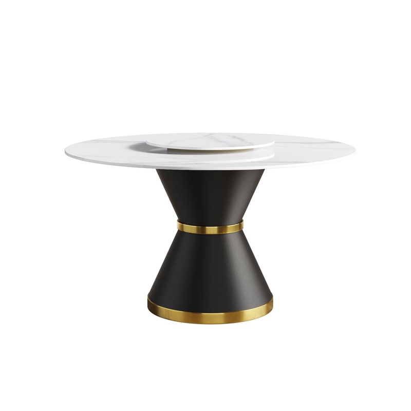 53 Modern Artificial Stone Round Carbon Steel Base Dining Table, Can Accommodate 6 People, Artificial Stone Turntable – White / Black