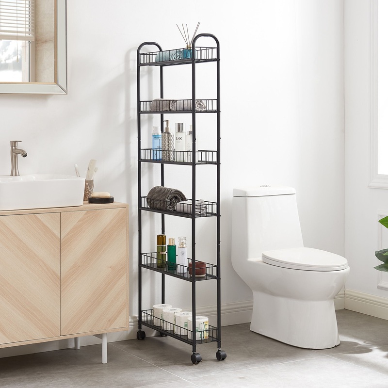 6 Tier Rolling Cart Gap Kitchen Slim Slide Out Storage Tower Rack With Wheels, 6 Baskets, Kitchen, Bathroom Laundry Narrow Piaces Utility Cart – Black
