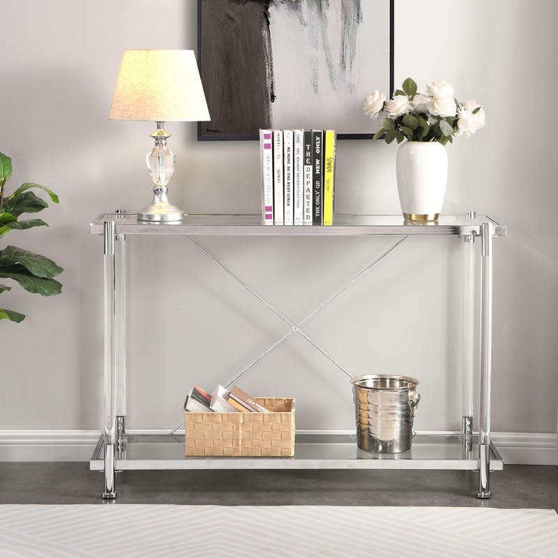 Chrome Glass Sofa Table, Acrylic Side Table, Console Table For Living Room & Bedroom – Chrome
