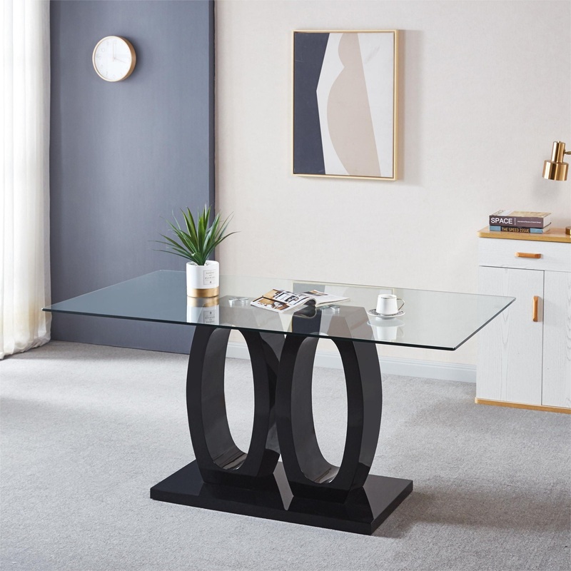 Contemporary Double Pedestal Dining Table, Tempered Glass Top