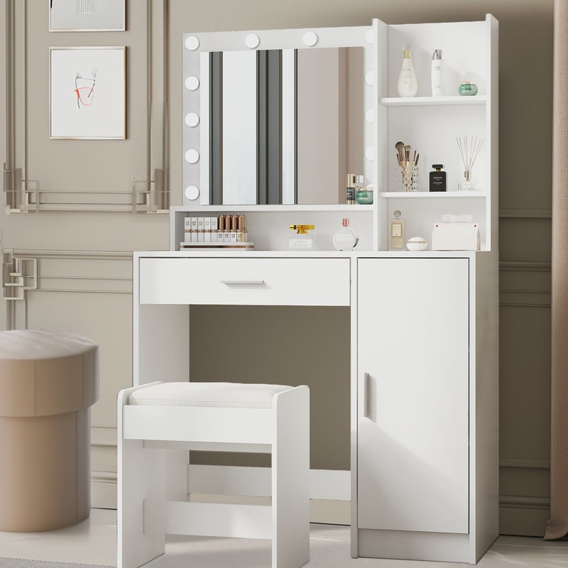 Vanity Desk With Mirror & Light, Large Drawer Three Level Storage Dresser, 3 Lighting Modes Adjustable Brightness, Bedroom Dressing Table