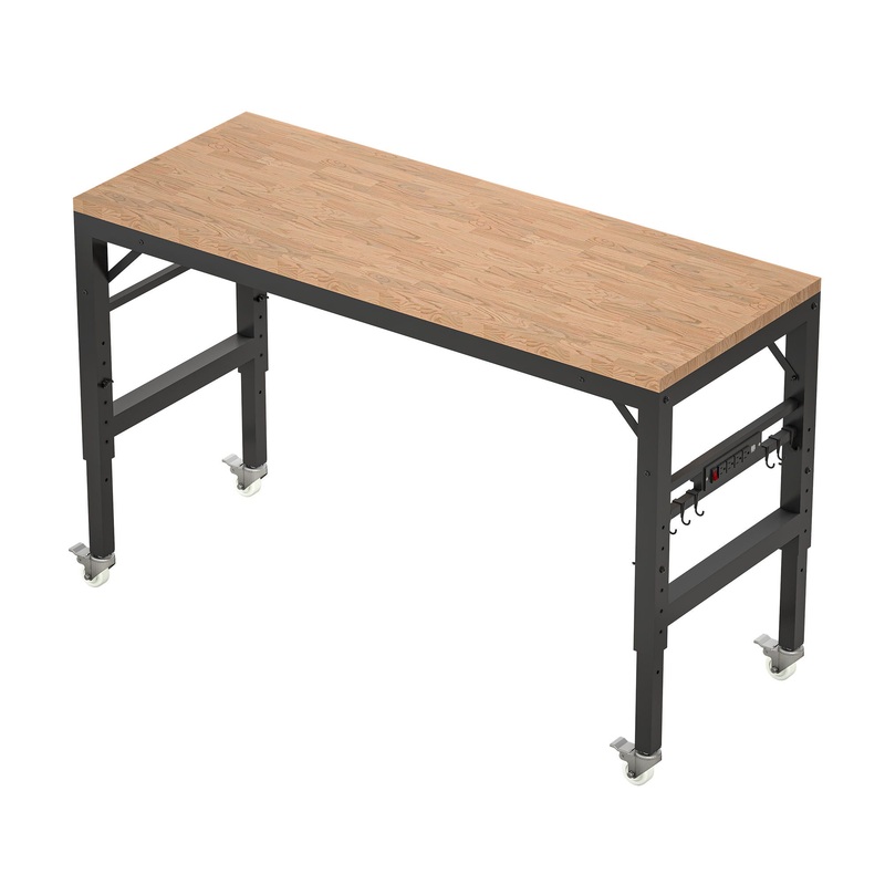 Adjustable Workbench For Garage, Rubber Wood Heavy Duty Workstation With Power Outlets & Wheels, 2000 Lbs Load Capacity Hardwood Worktable For Workshop – Black