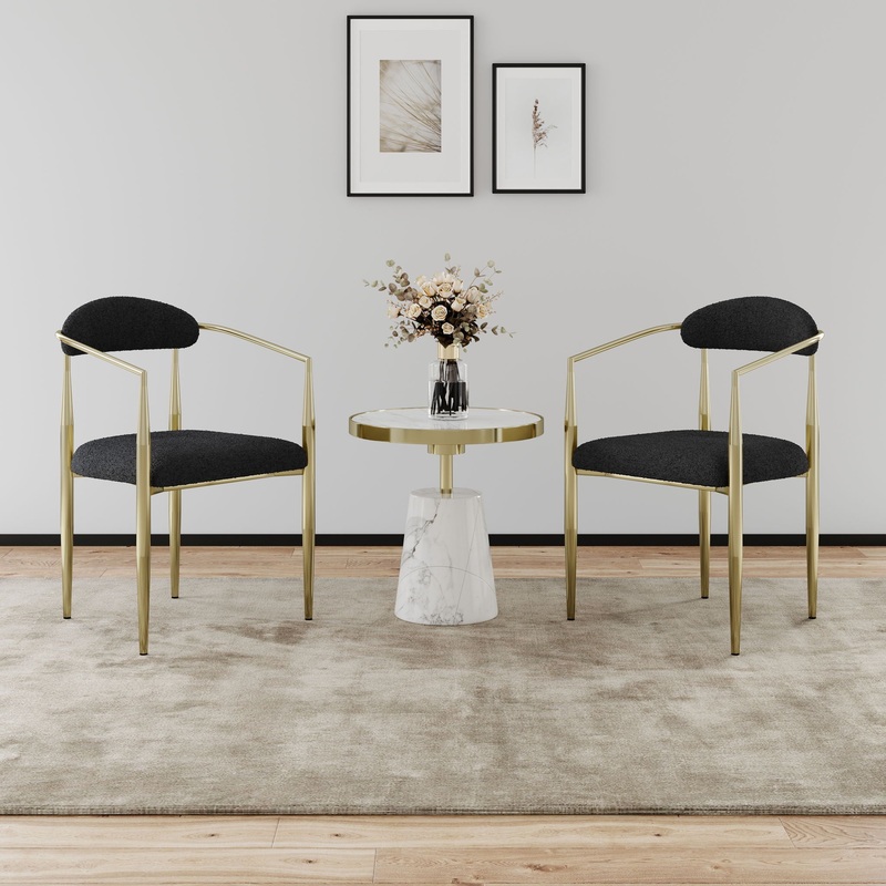Dining Chairs (Set of 2), Mid-Century Modern Dining Chairs, Kitchen Dining Room Chairs, Round Boucle Backrest Sherpa Dining Chair With Brushed Bronze Metal Legs