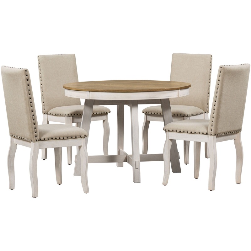 Farmhouse Dining Table Set Wood Round Extendable Dining Table And Upholstered Dining Chairs