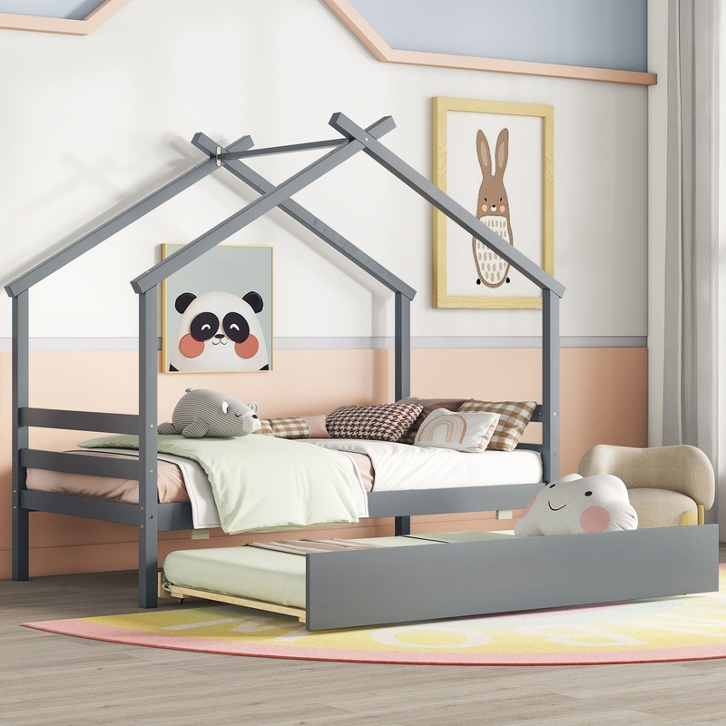 House-Shaped Bed With Trundle|Light Brown|Gray|Twin