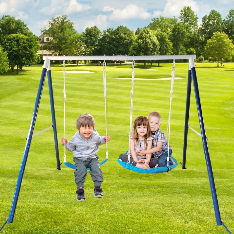 Kids Metal Swing Set For Backyard Outdoor Playground Two Functional Swing Set For Kids Outdoor Equipment – Antique Blue