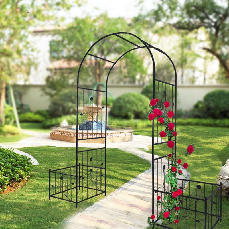 Metal Garden Arch With Two Plant Stands Wide High Climbing Plants Support Rose Arch Outdoor – Black