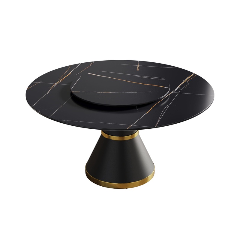 Modern Artificial Stone Round Carbon Steel Base Dining Table, Can Accommodate 6 People Artificial Stone Turntable – Black