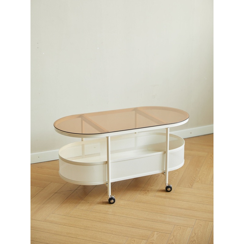 Movable Oval Metal Glass Coffee Table With Storage – White