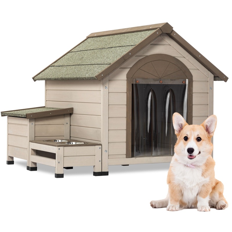 Outdoor Fir Wood Dog House With An Open Roof Ideal For Small To Medium Dogs, With Storage Box, Elevated Feeding Station With 2 Bowls. Weatherproof Asphalt Roof And Treated Wood – Cream