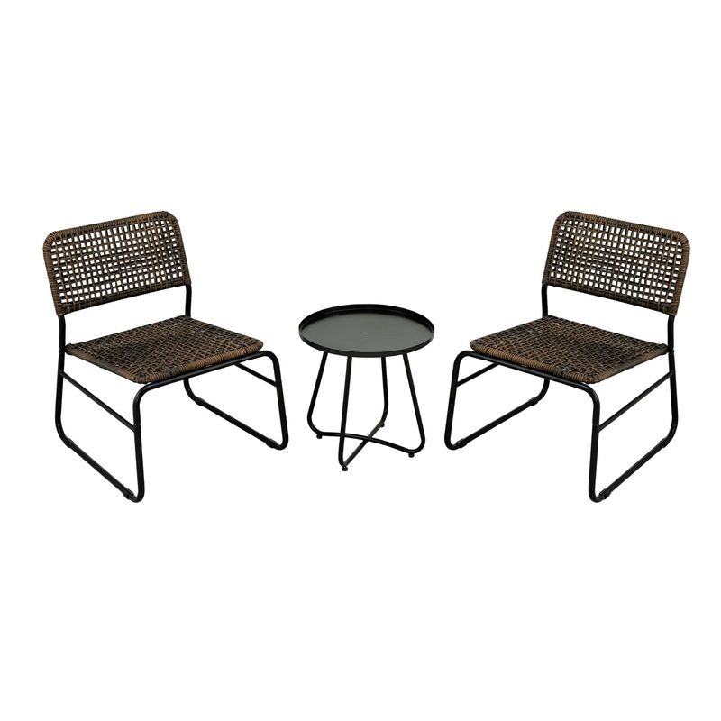 Patio Furniture Set 3 Piece Mixture Pattern PE Rattan Steel Frame And Modern Round Table – Brown / Black