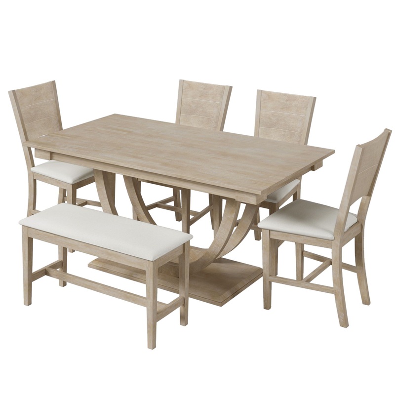 Topmax – 6 Piece Wood Half Round Dining Table Set Kitchen Table Set With Long Bench And 4 Dining Chairs, Modern Style