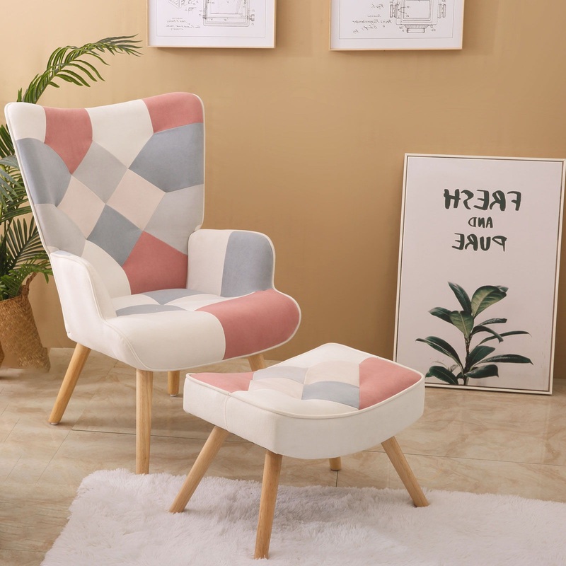 Accent Chair With Ottoman, Living Room Chair And Ottoman Set, Comfy Side Armchair For Bedroom, Creative Splicing Cloth Surface – Pink