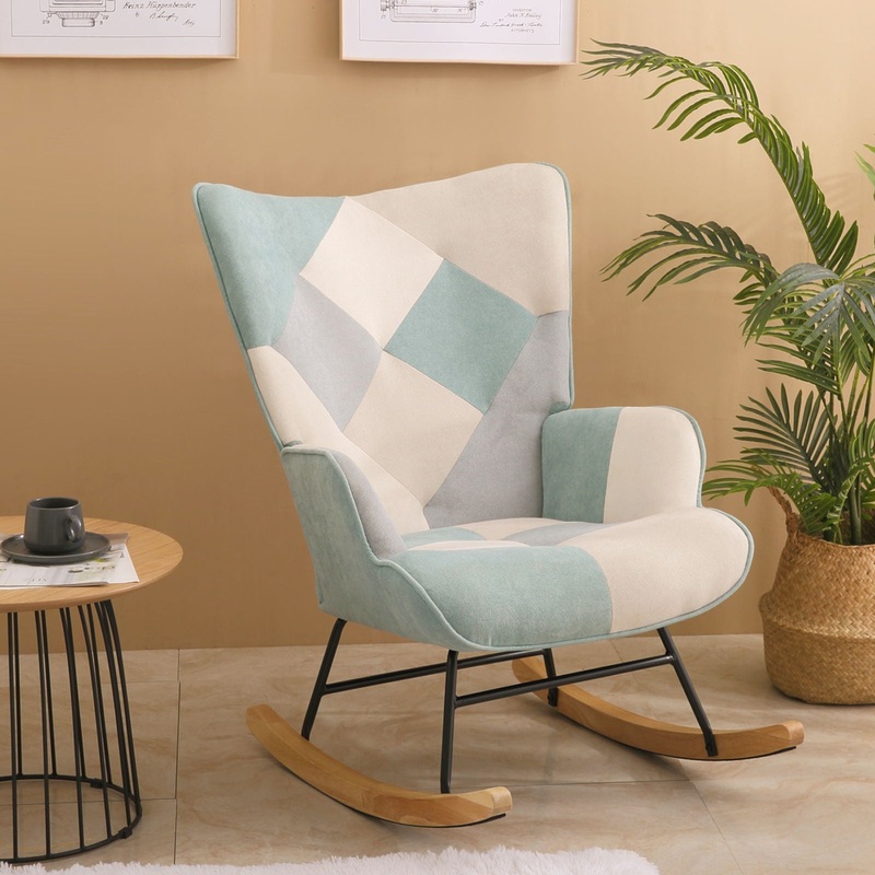 Accent Rocking Chair, Mid-Century Fabric Rocker Chair With Wood Legs And Patchwork Linen For Livingroom Bedroom – Blue