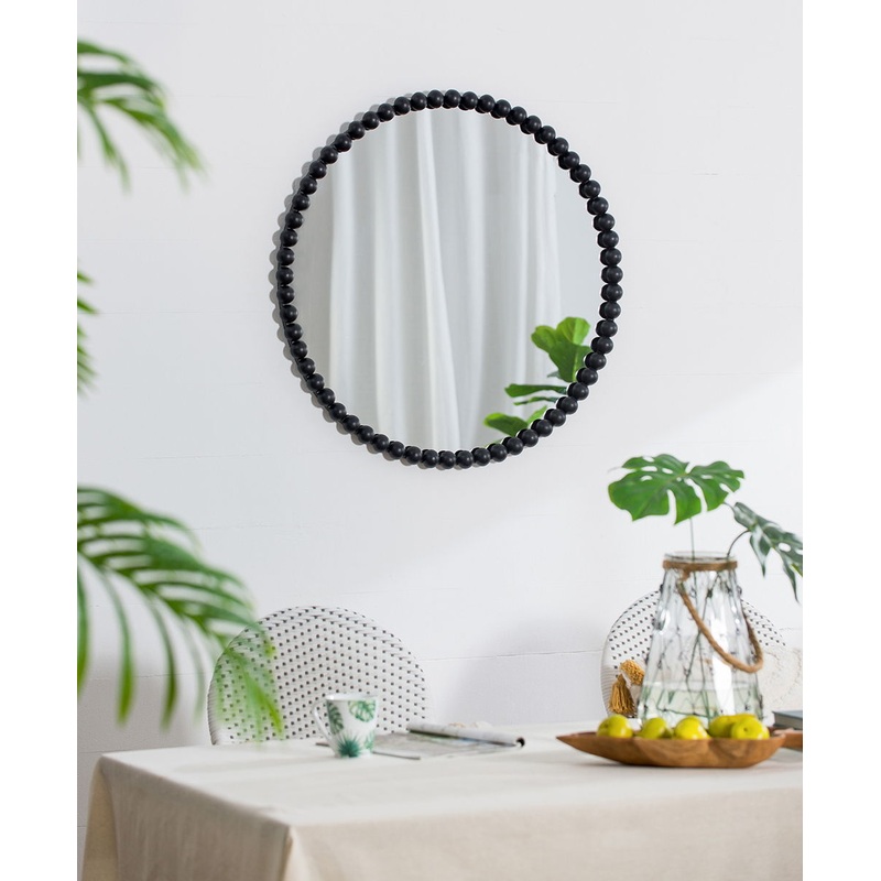 Circle Mirror With Metal Beaded Frame, Wall Mirror For Living Room Bedroom Entryway – Black