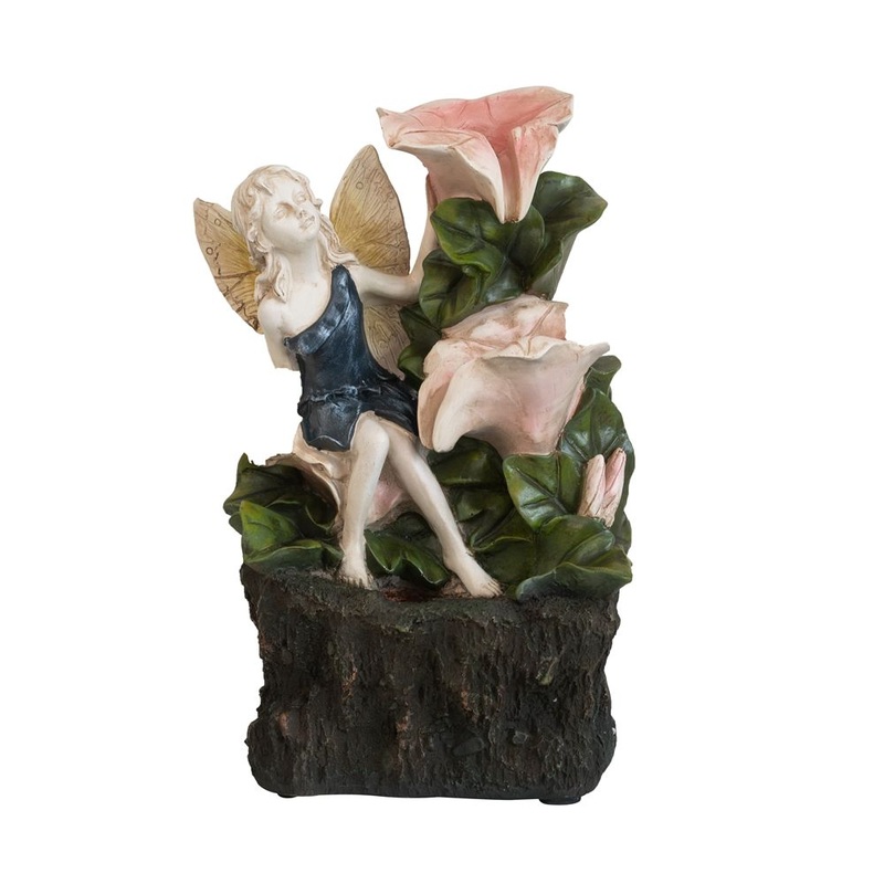 Decorative 3 Tier Tabletop Water Fountain With Fairy And LED Light, Angel Girl With Flower Design, For Indoor Tabletop And Outdoor – Pink / Green
