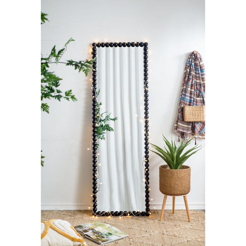 Full Length Mirror With Metal Beaded Frame, Rectangular Oversized Mirror For Living Room Bedroom – Black