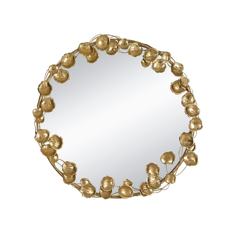 Round Metal Wall Mirror With en Leaf Accents, Modern Decor Mirror For Living Room Entryway Hallway – Gold
