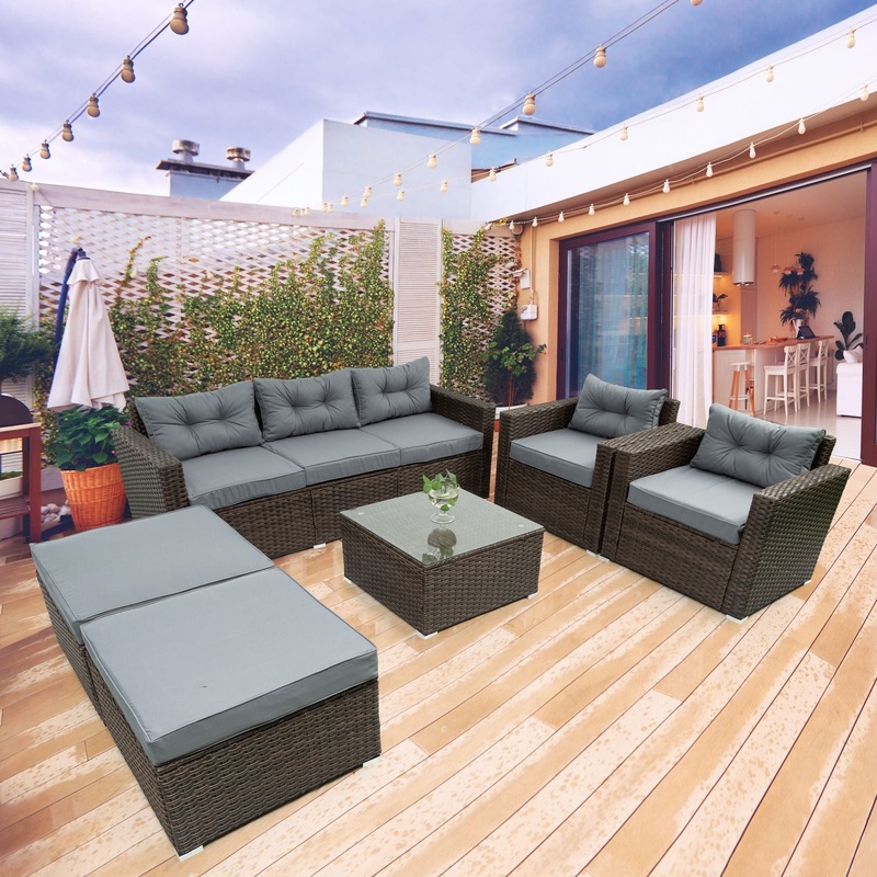 6 Piece Patio Rattan Wicker Outdoor Furniture Conversation Sofa Set With Removeable Cushions And Temper Glass Tabletop – Brown