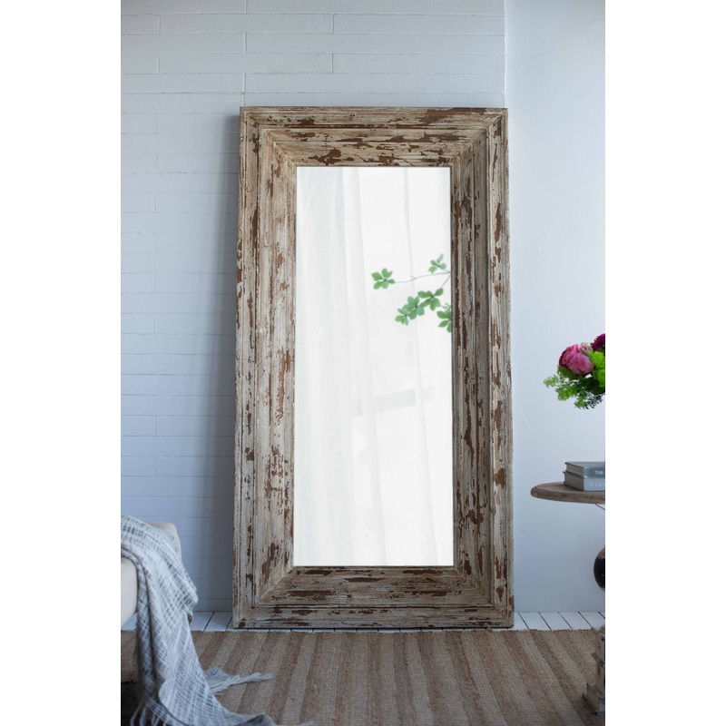 Full Length Rectangle Floor Mirror With Distressed Wood Frame – Brown
