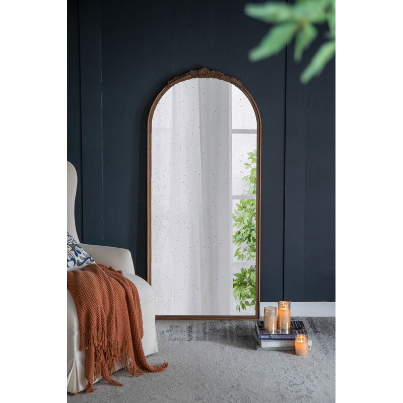 Hand Carved Rose Antique Mirror Frame, Large Arch Mirror Wall Decor For Living Room, Bathroom, Entryway – Brown