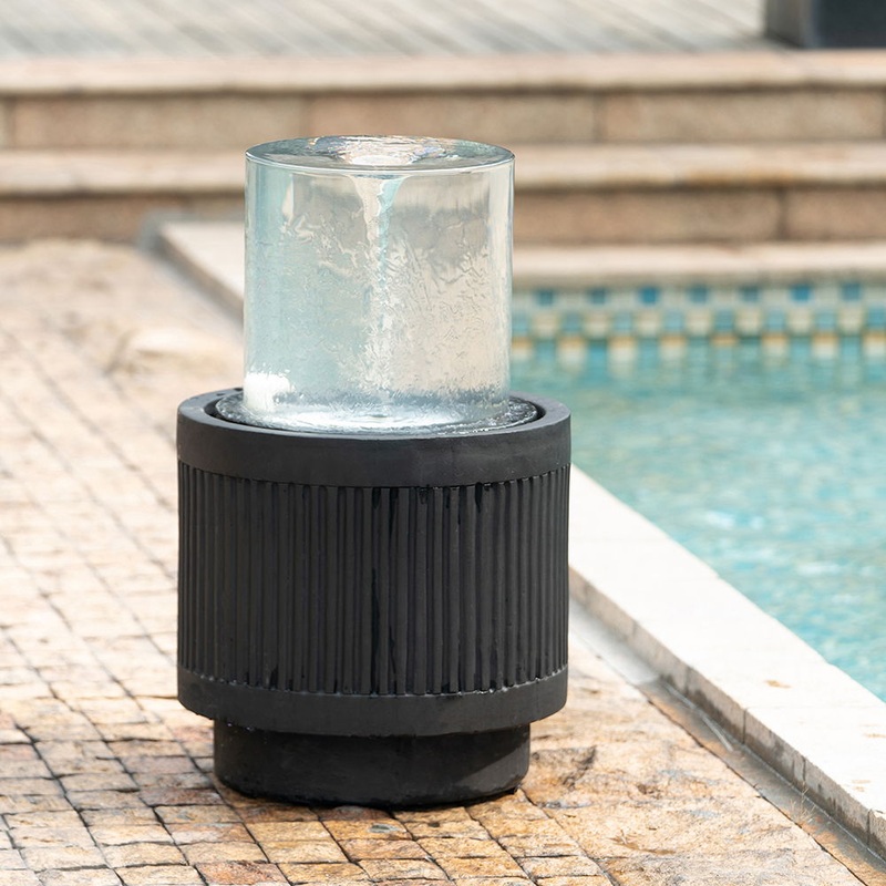 Heavy Cement Round Ribbed Outdoor Water Fountain With Light – Black White