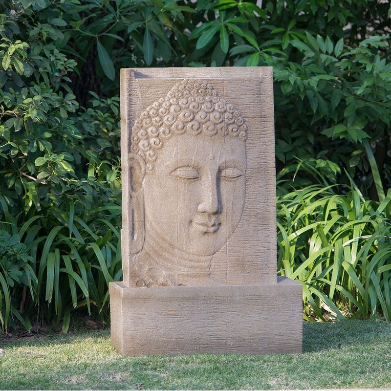 High Sandstone Buddha Fountain, Indoor Outdoor Water Fountain With Light – Beige