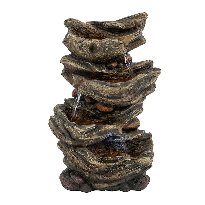 Indoor Brown Wood-Look Water Fountain, 4 Tier Polyresin Cascading Wood Tabletop Fountain With LED Light – Rustic Brown