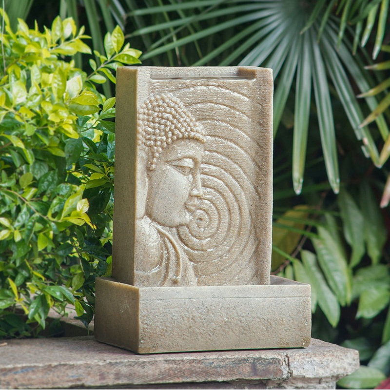 Indoor Buddha Water Fountain, Polyresin Tabletop Fountain With LED Light – Beige