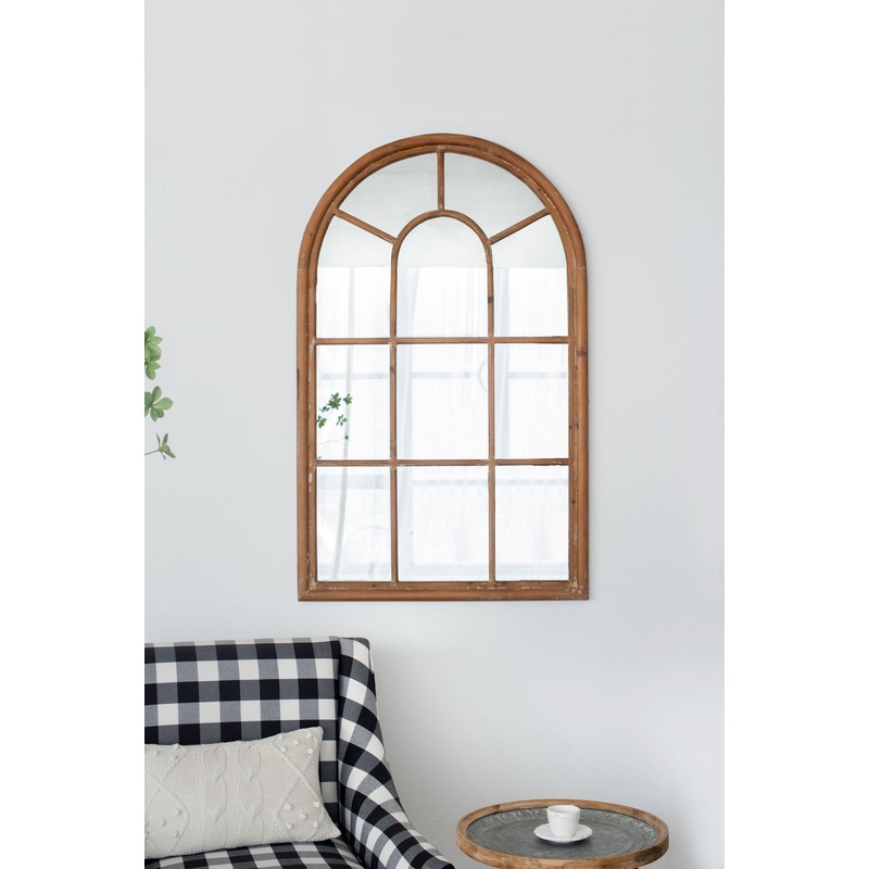 Large Arched Accent Mirror With Frame With Decorative Window Look Classic Architecture Style Solid Fir Wood Interior Decor – Brown