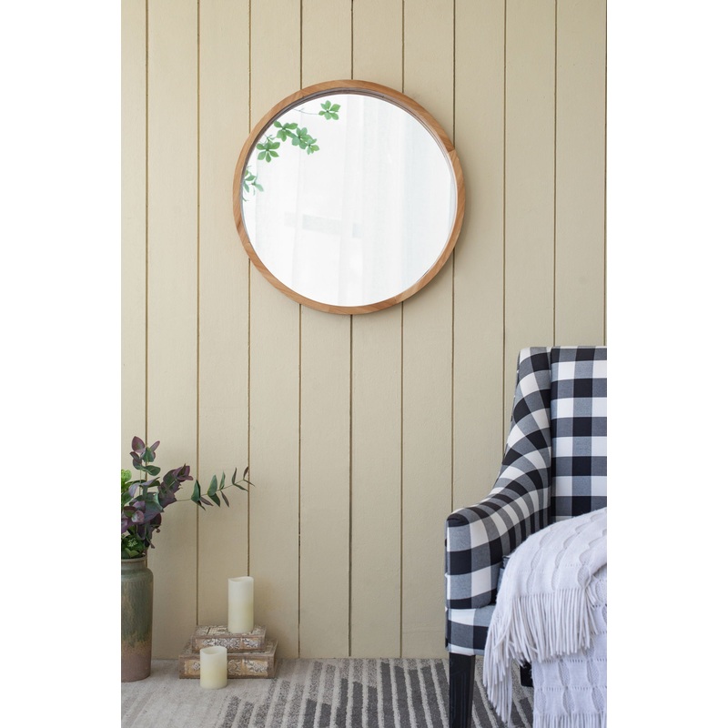 Wood Round Mirror, Farmhouse Decor Style Circle Wall Mirror For Living Room Bathroom Entryway – Brown