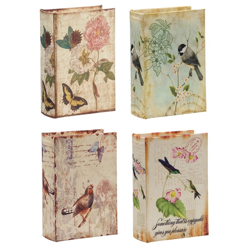 Book Boxes With Birds, Flowers, And Handwriting Design (Set of 4) – Multi